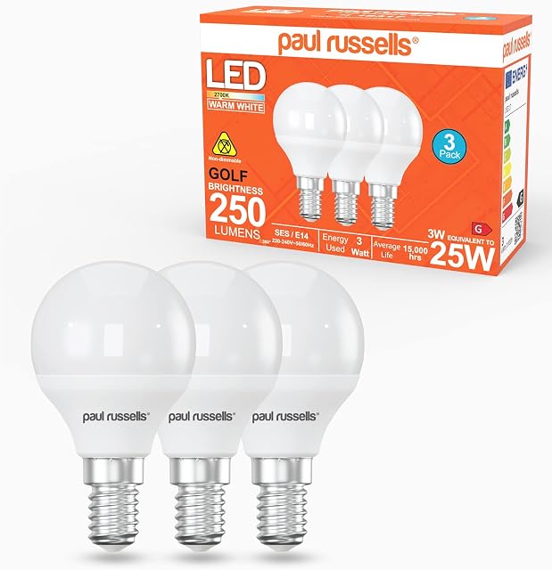 paul russells LED Light Small Edison Screw E14, 25w Bulb, 3W 250LM LED Bulbs, 2700K Warm White Lamps, Classic Frosted G45 SES Golf Energy Saving Chandelier Lightbulbs, Pack of 3