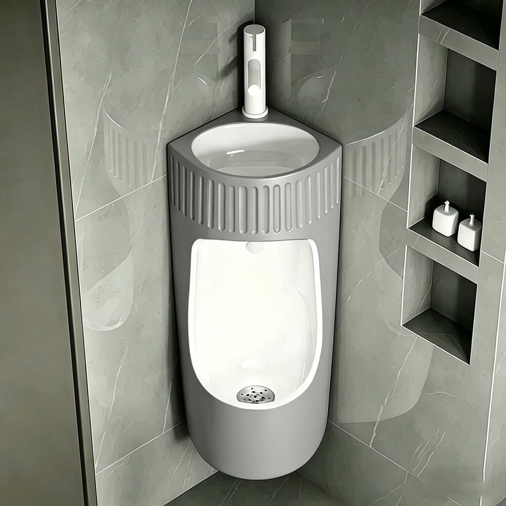 Ceramic Male Urinal with Pull-Out Faucet, Wall Commercial Splash-Proof Washout Urinal, for Home Bathroom, Hotel, Commercial Public,Gray,33x24x71cm