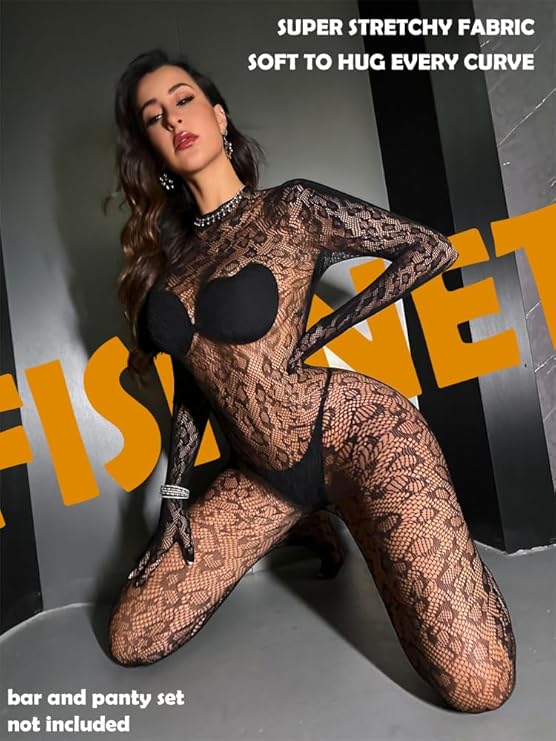 One Piece Black Fishnet Bodysuit Lingerie Bodystocking for Women full Body See Through Jumpsuit One Size