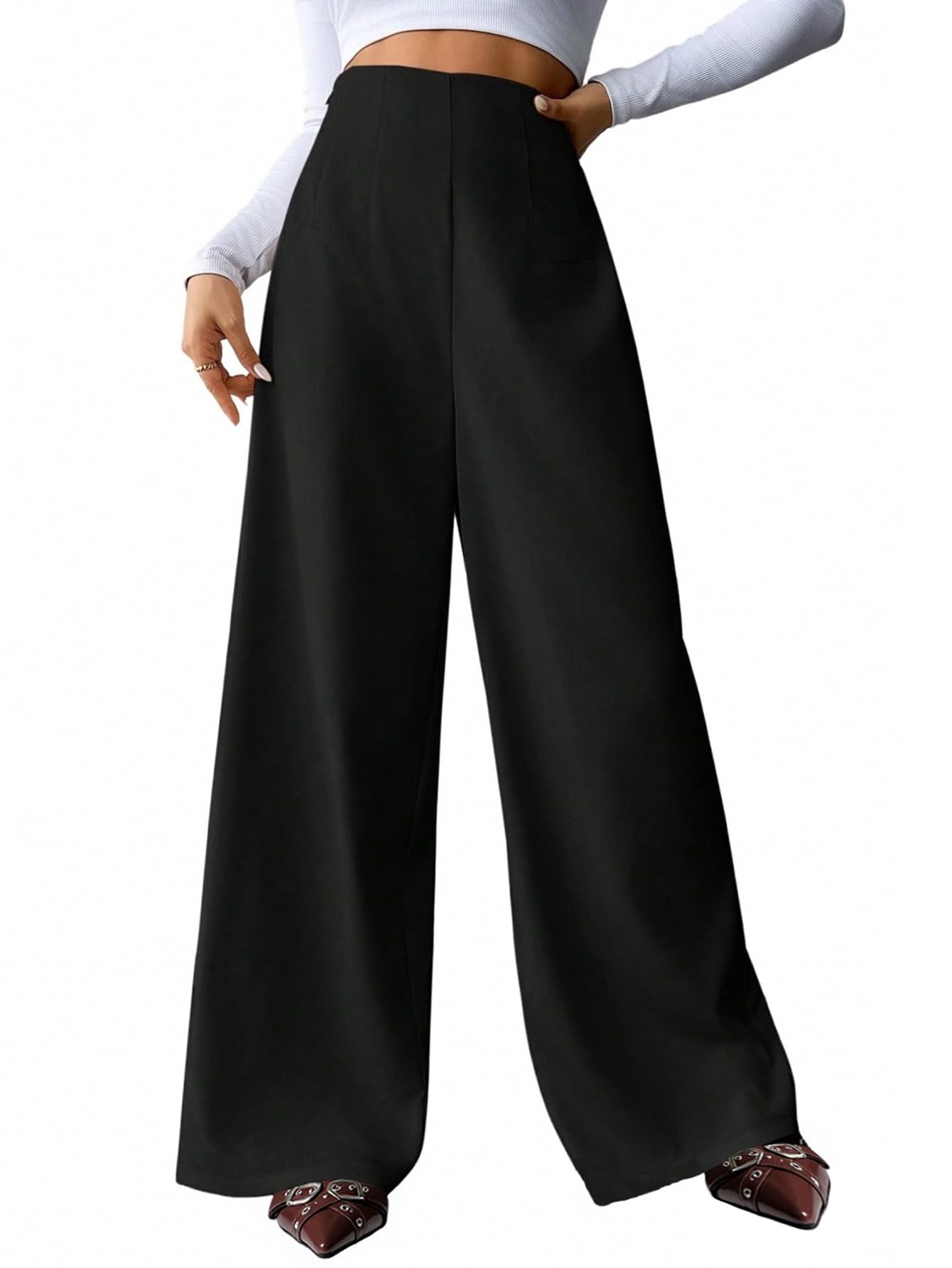 GORGLITTER Womens Wide Leg Dress Pants High Waisted Business Casual Trousers Dressy Work Office Pants Black Medium