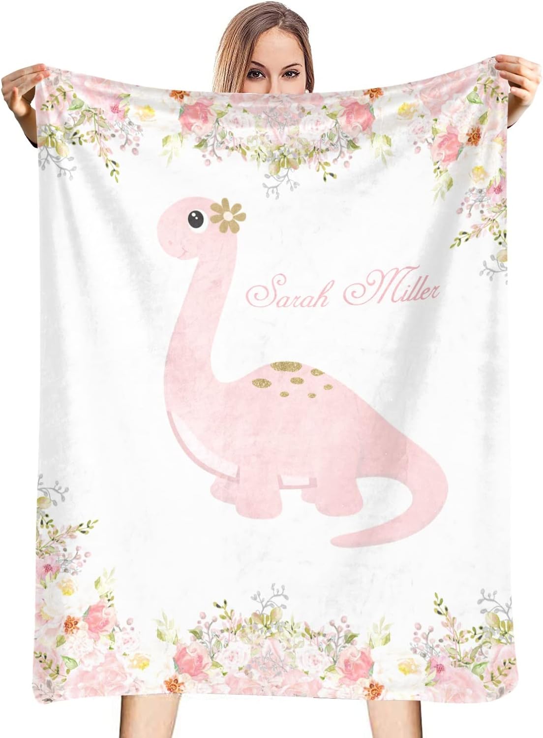 Pink Floral Girl Dinosaur Baby Blanket Personalized Girl Boy Soft Warm Newborn Throw Naps Swaddle Custom Blanket 30X40 in