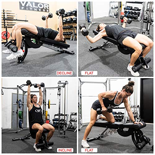 Valor Fitness DD-40 Heavy Duty Adjustable Weight Bench with Nylon Wheels – 7 Positions Including Flat, Incline, and Decline Bench Press