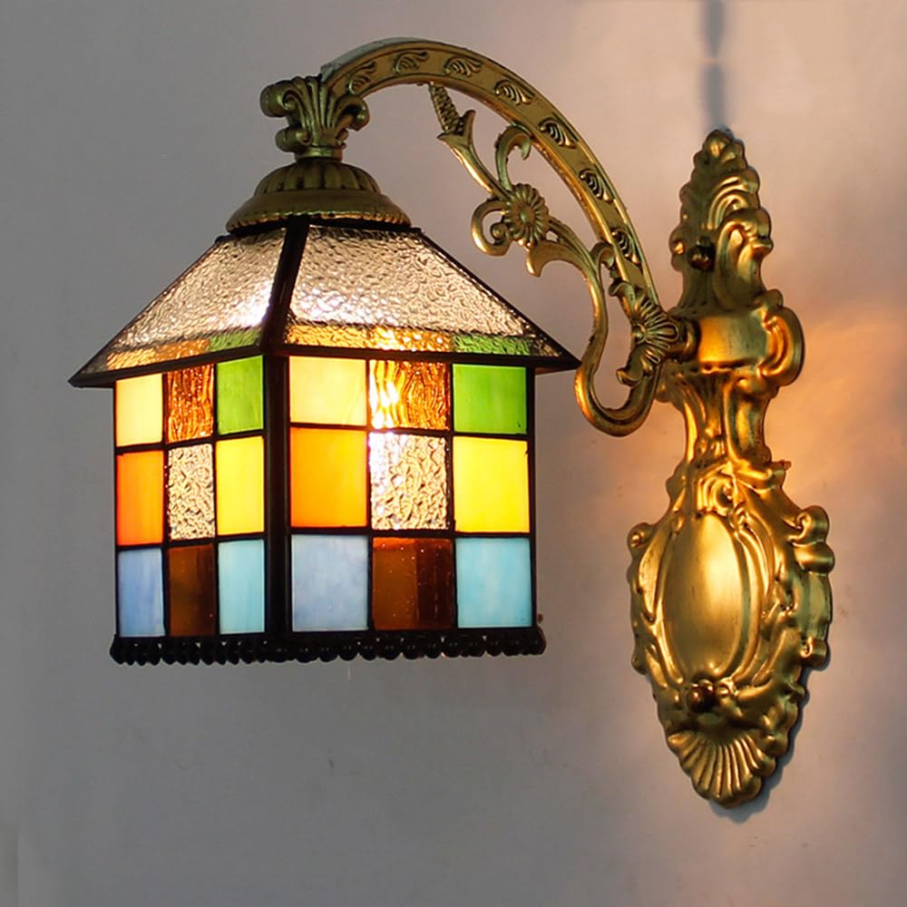 Mengjay Wall Lamp,Wall Lamp with Stained Glass Shade and Metal Frame, Vintage Wall Sconces for Indoor Living Room Corridor Stairs Hallway