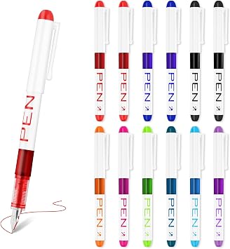 12 Pcs Disposable Fountain Pens, Multicolor Ink Fountain Pen, Quick-drying Calligraphy Pens, Smooth Writing Fountain Pens for Sketching Journaling Doodling Extra Fine Point