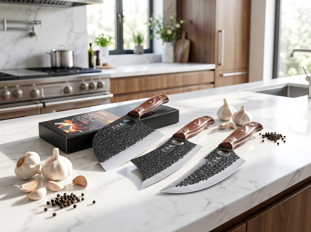 3PCS Butcher Knife Set, 7" Butcher Meat Cleaver, 7" Serbian Chef Knife and 6.5" Viking Knife, Hand Forged Kitchen Knife Set with Plastic Handle, Geat for Home, Camping, BBQ (Unique Finger Hole Design) — Amazon image 5