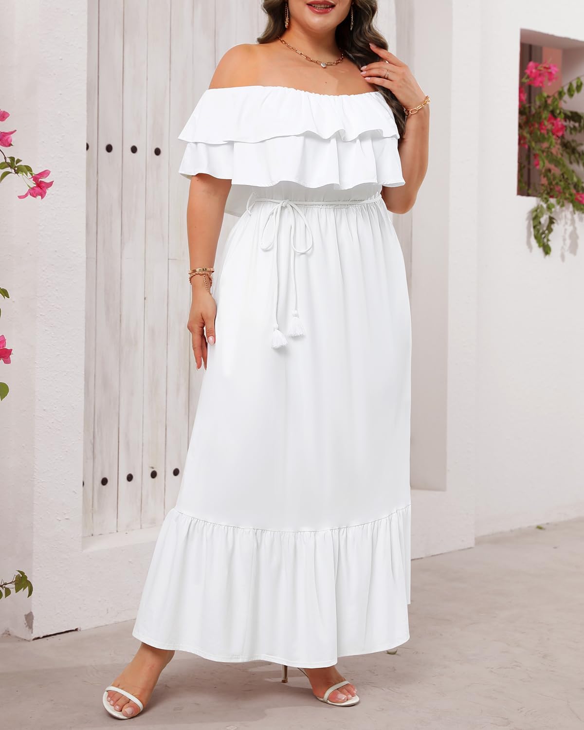 Plus Size Off The Shoulder Maxi Long Casual Layered Ruffle Beach Sundress Women Pocket 2024 - Image 4