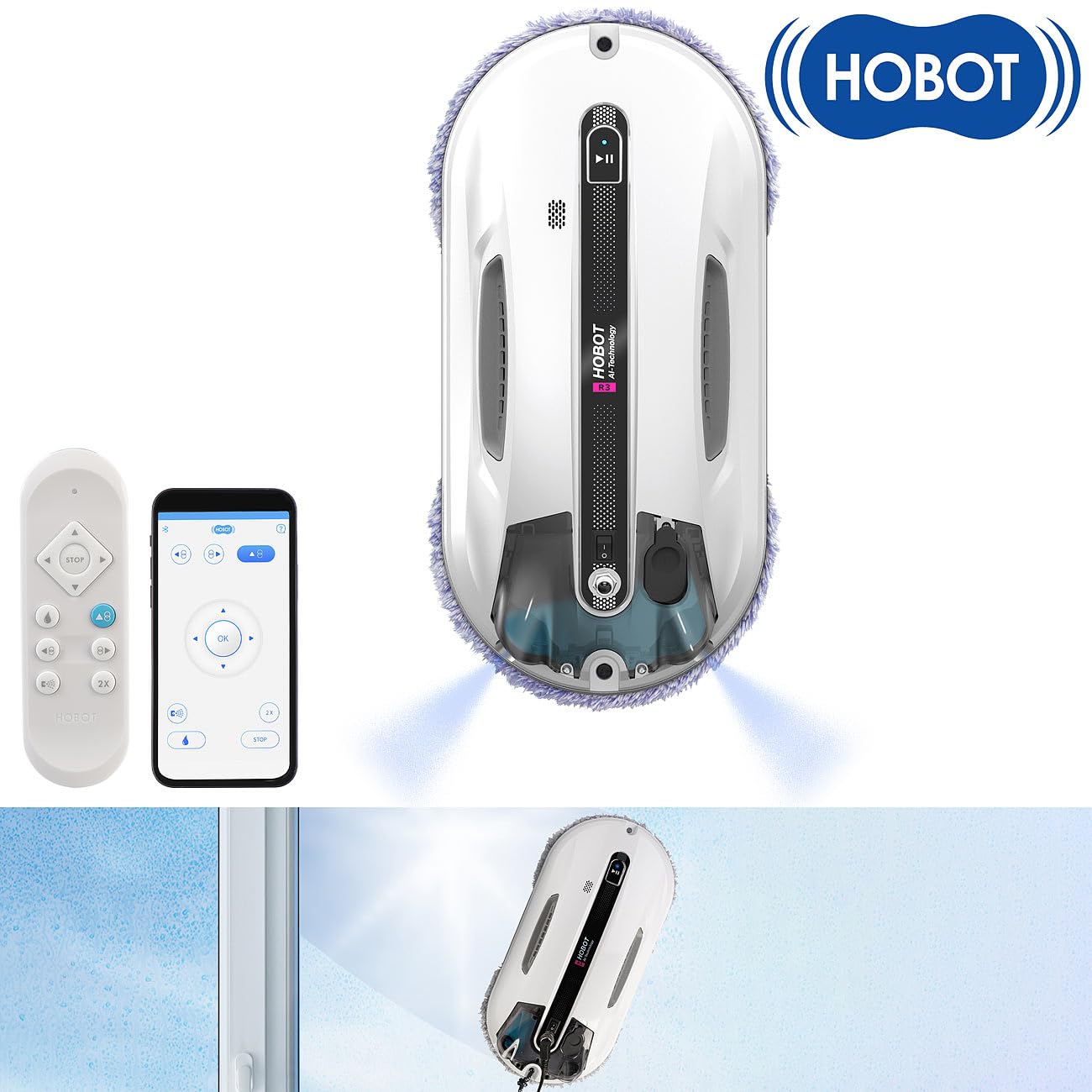 Scheibenwascher Roboter: HOBOT-R3 Profi-Fensterputz-Roboter mit Dual-Sprüh-Funktion, App (Smarter Fensterputzroboter, Scheibenputzroboter, Apple iPhone Ladekabel)