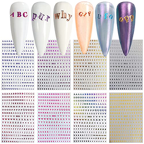 Letter Nail Art Stickers Decals 3D English Alphabet Nail Art Supplies Self-Adhesive Sticker Letters Design for Acrylic Nails Metal Charms Manicure Tips Decorations Bright Colors 8pcs/Pack