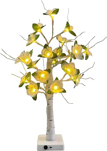 Árbol de flores de magnolia iluminado, 14.9 pulgadas, luces artificiales de árbol bonsái en flor de cerezo, enchufe USB o funciona con pilas,