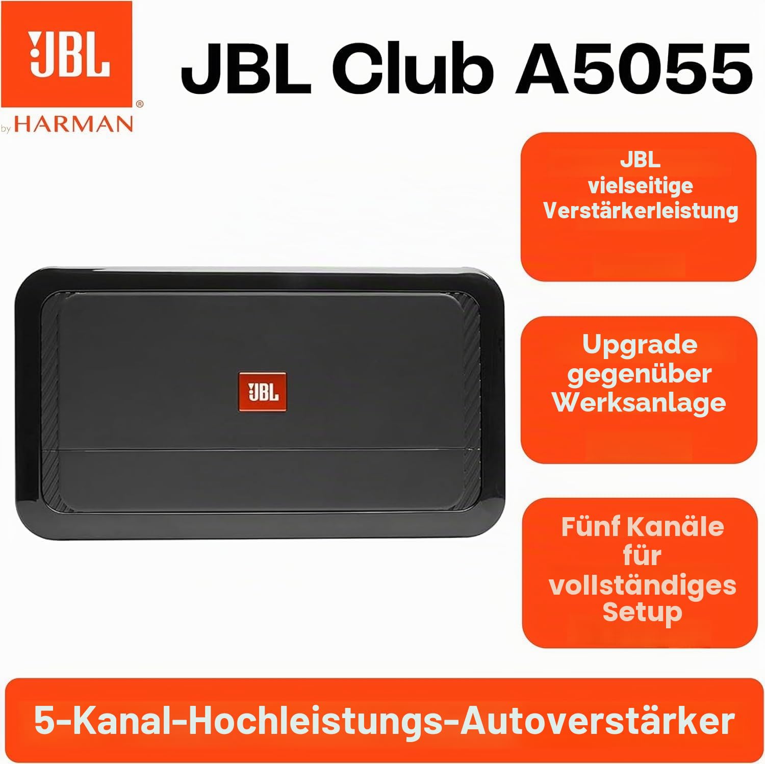 JBL Club A5055 5-Kanal Endstufe Auto - KFZ Autoradio Verstärker 4 x 50 Watt RMS + 1 x 500 Watt RMS für Auto Lautsprecher & Subwoofer