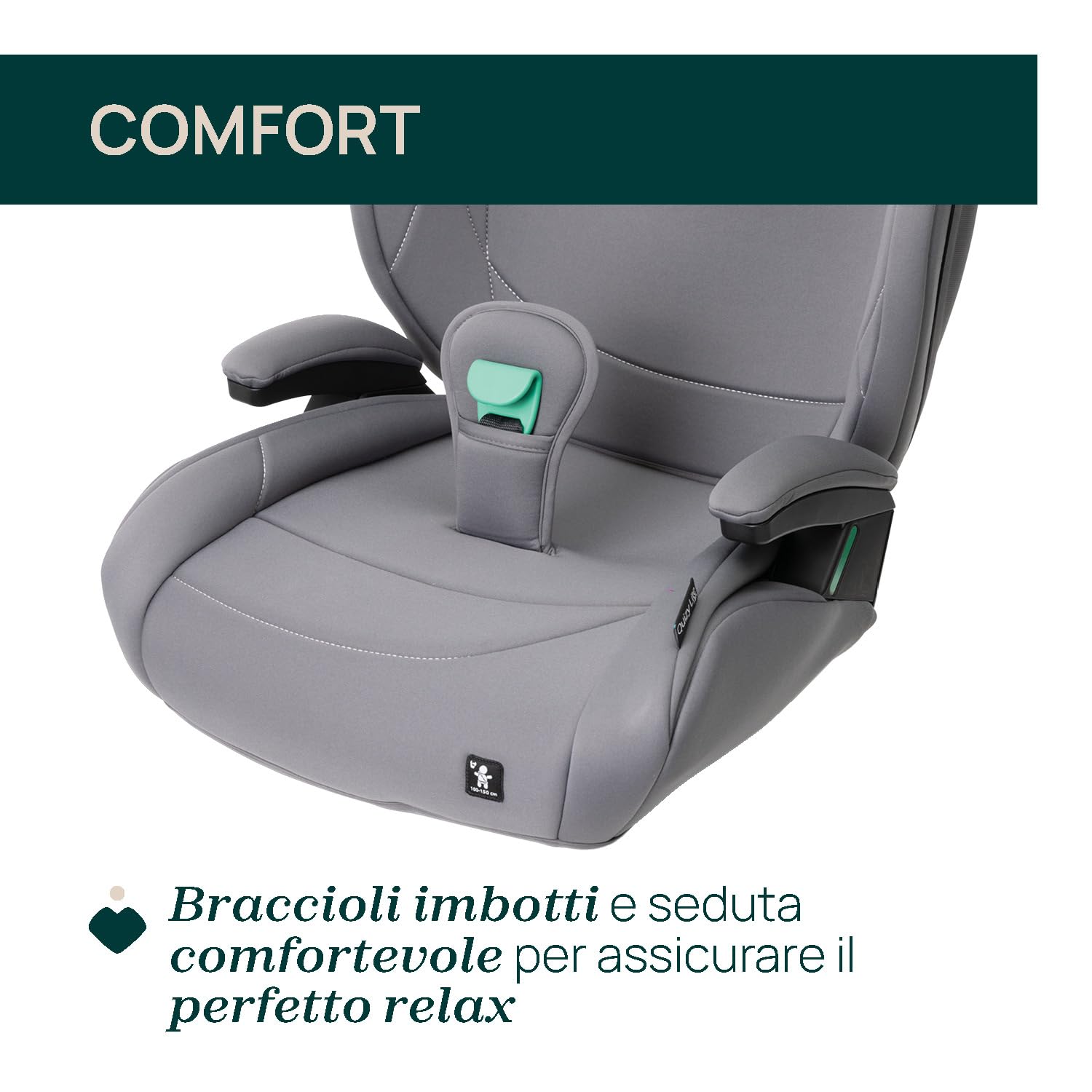 Chicco Quizy Lite i-Size, Seggiolino Auto Bambini 3-12 Anni (100-150 cm), Peso 15-36 kg, Facile da Installare, Regolabile in Altezza, con Braccioli Imbottiti e Seduta Confortevole, Grigio