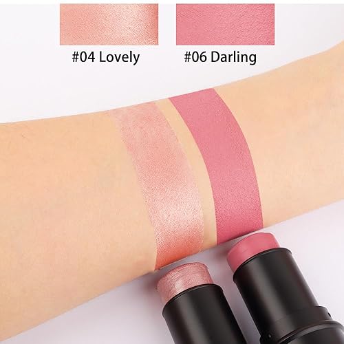 Miniatura 4 de Kaely Paquete de 2 barras de rubor en crema para mejillas, color rosa y rojo brillante para mejillas y labios, kit de maquillaje de contorno facial,