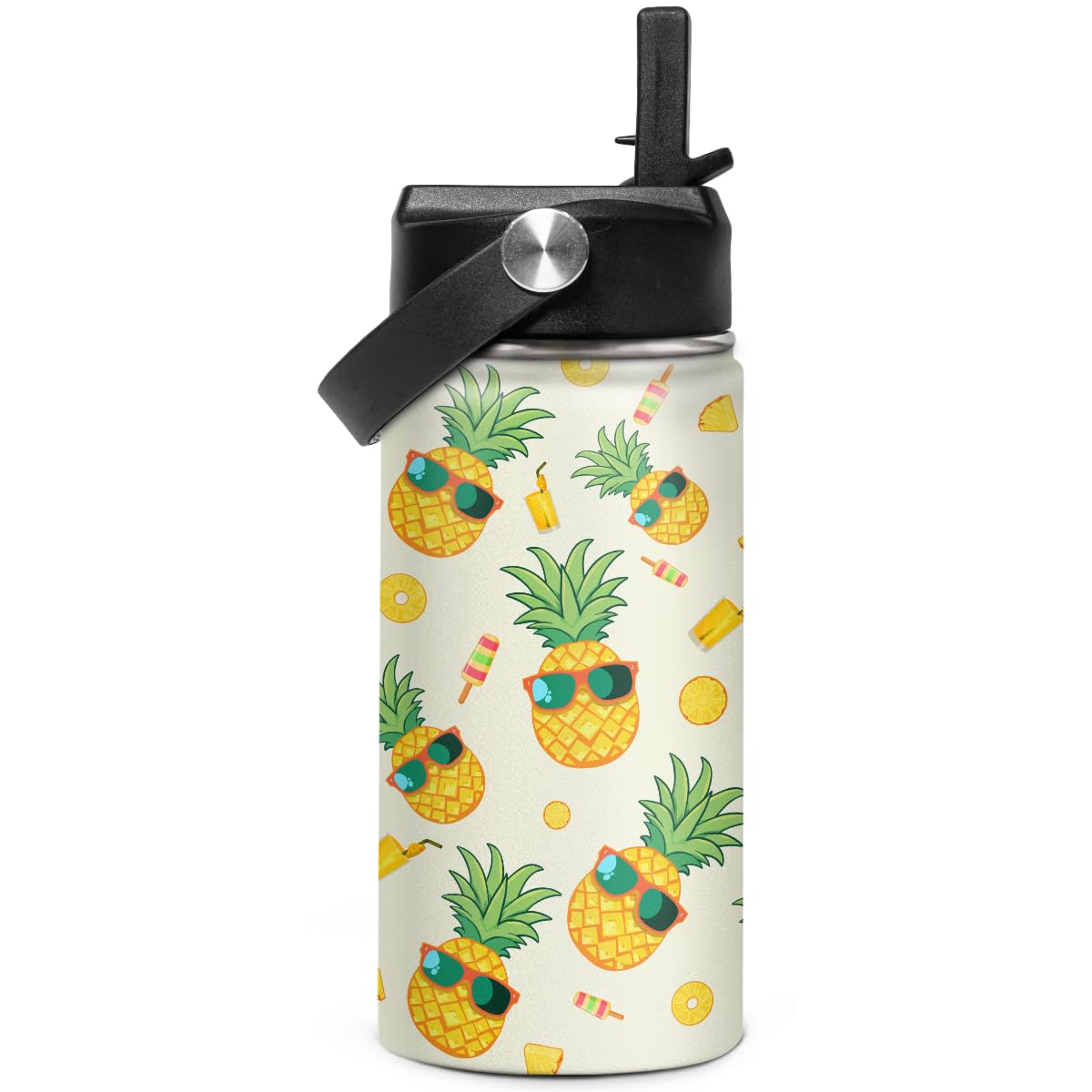 SANDJEST Kids Water Bottle Pineapple Water Bottles 12oz with Straw Insulated Stainless Steel Travel School Tumbler Double Wall Vacuum Cup for Girls