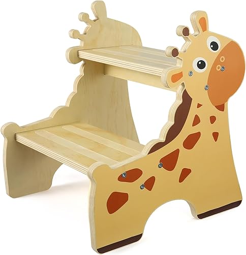 Miniatura 7 de Taburete para niños pequeños, taburete de madera de 2 escalones para niños pequeños con base antideslizante, bonito diseño impreso, taburete de