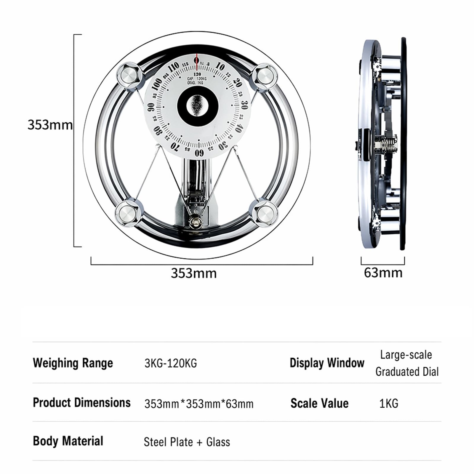 Balanza mecánica para baño, báscula analógica para medir el Peso Corporal, Rango de pesaje de 1 kg a 120 kg, Esfera Grande de 155 mm, Cristal Templado Redondo, Ideal para hoteles (Square)