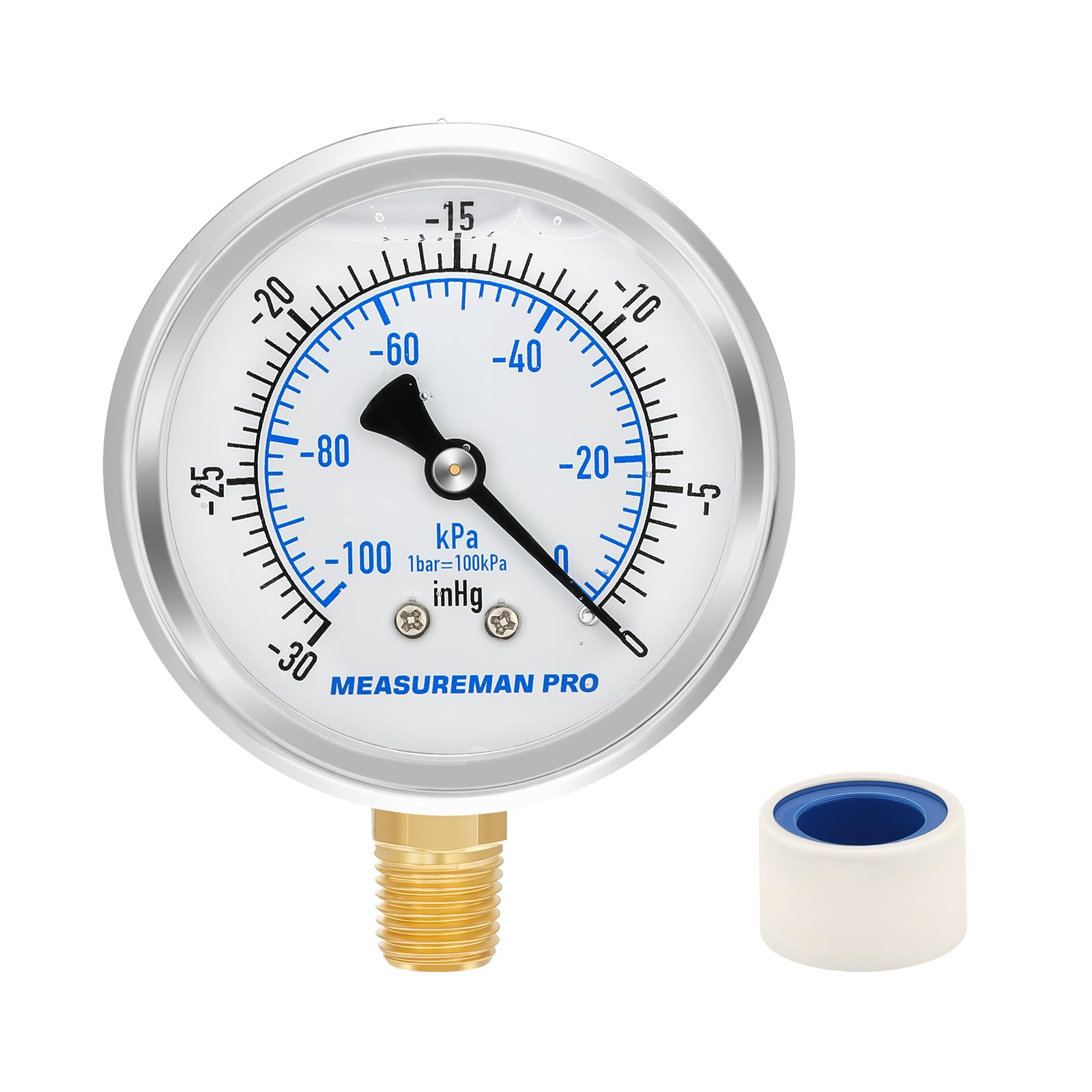 MEASUREMAN PRO 2" Dial Size, Glycerin Filled Pressure Gauge, 30inHg-0 Vacuum Pressure Gauge,304 Stainless Steel Case, 1/4" NPT Lower Mount, Lead-Free