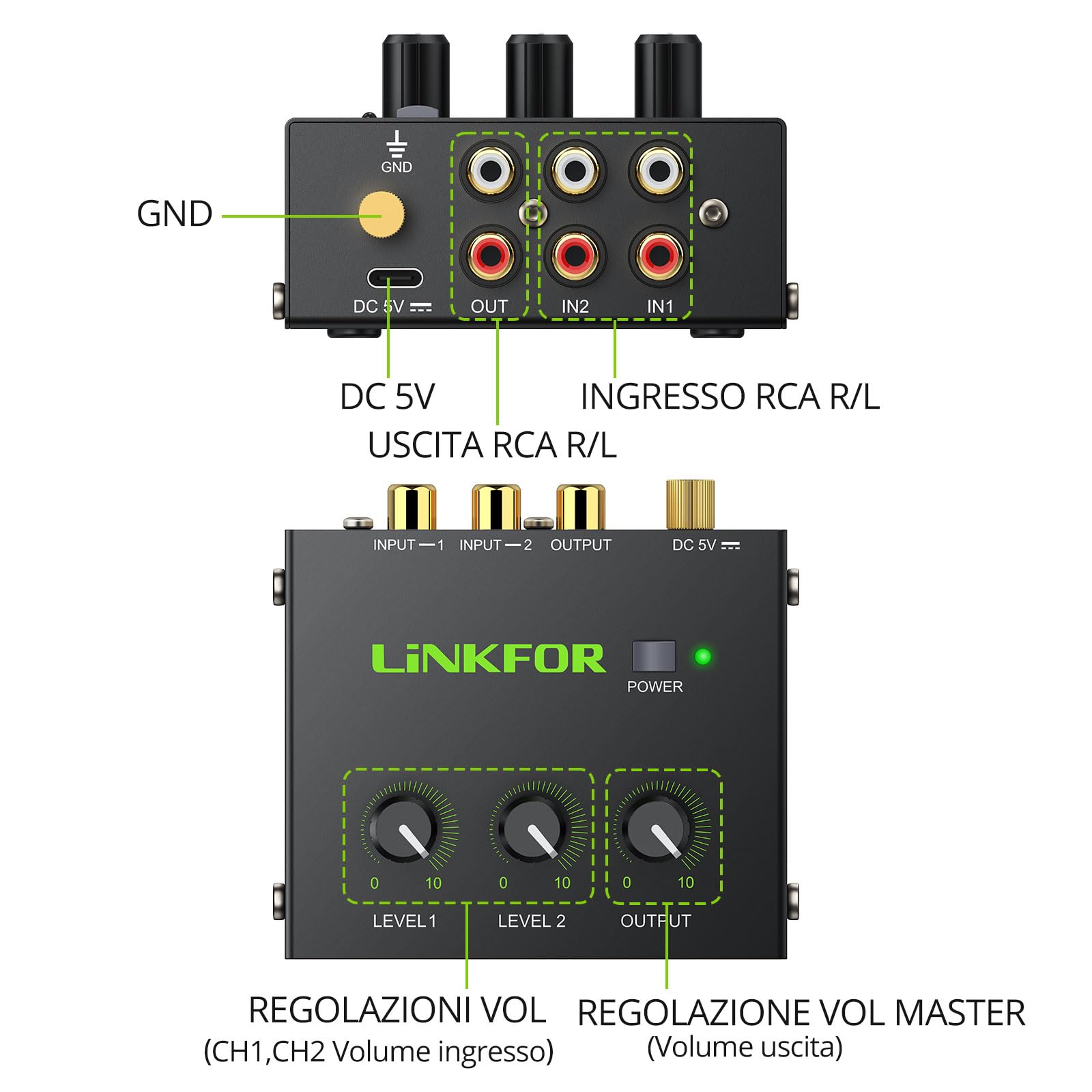 LiNKFOR Mixer Audio Stereo 2 Canali Attivo Basso Rumore, Audio Stereo RCA Compatto con Connettori Dorati, Mixer RCA 2 Canali con Controllo Volume Indipendente per PC/TV/Game