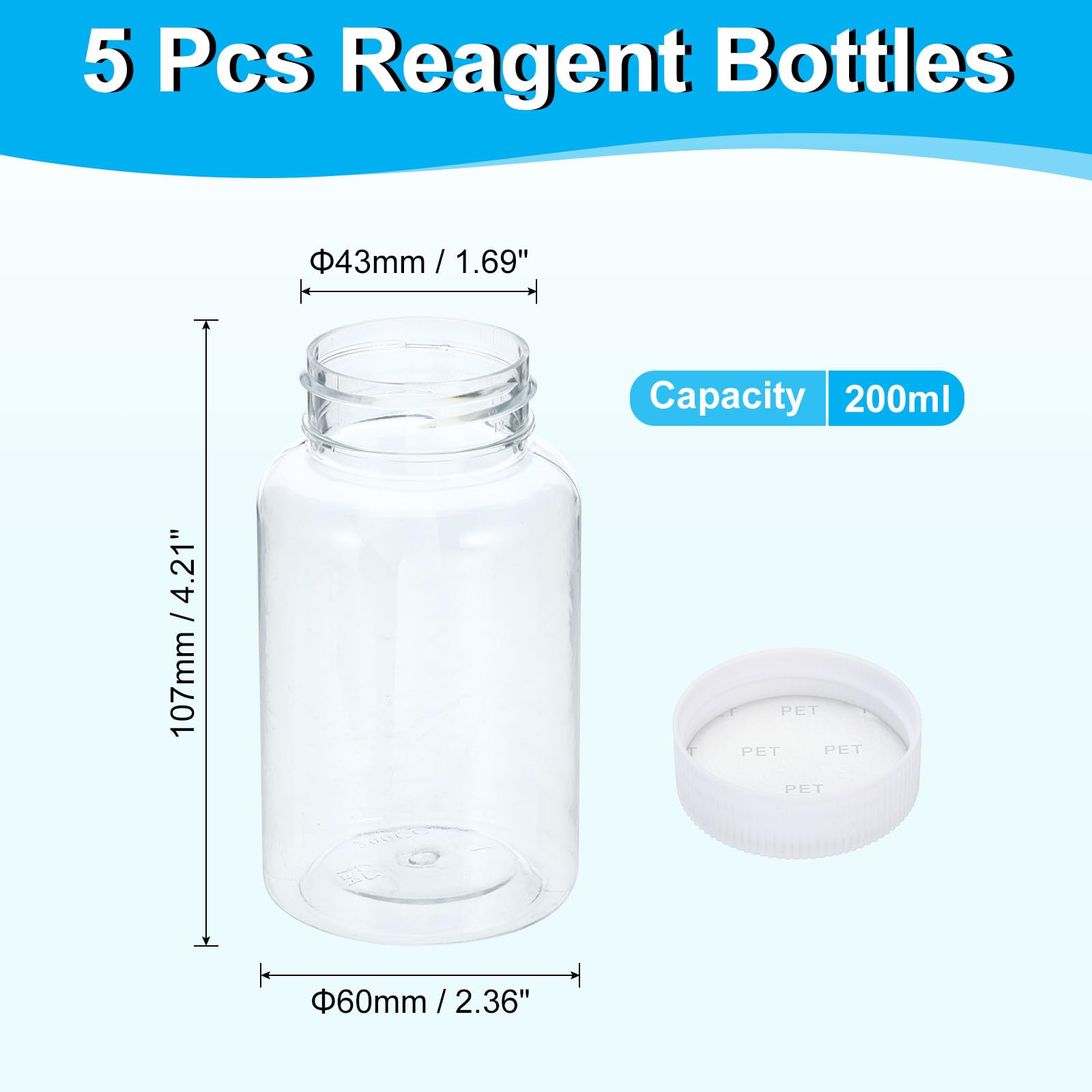 PATIKIL 5 Stück 200 ml Kunststoff Flasche, PET Weithalsflasche Rundflaschen mit Schraubverschluss für die Lagerung von Laborwasser, Pillenflaschen Wasserprobenflaschen, transparent