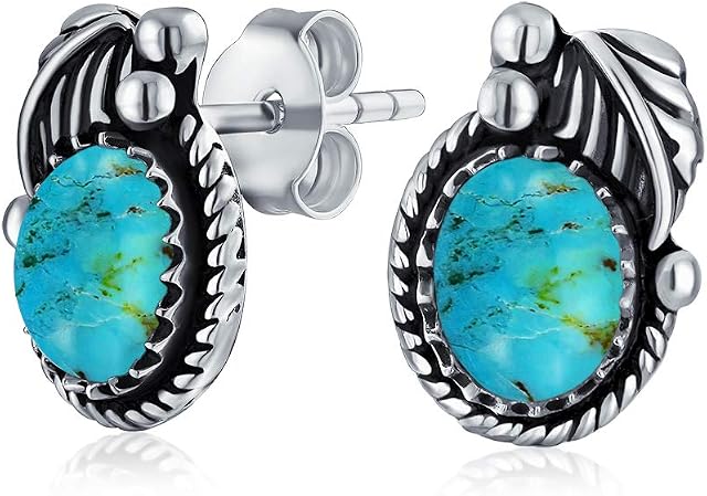 Native American Style Stabilized Semi Precious Gemstone Birthstones Oval Bezel Leaf Rope Edged Stud Earrings Western Jewelry For Women Oxidized .925 Sterling Silver