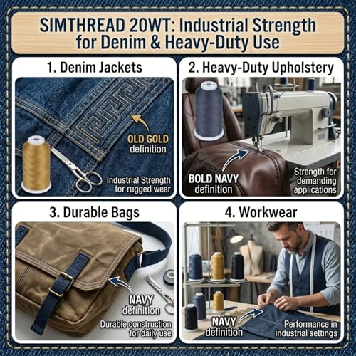 Image of Simthread Heavy Duty Blue Jeans Thread for Denim Sewing 1000 Meters Cone Brass
