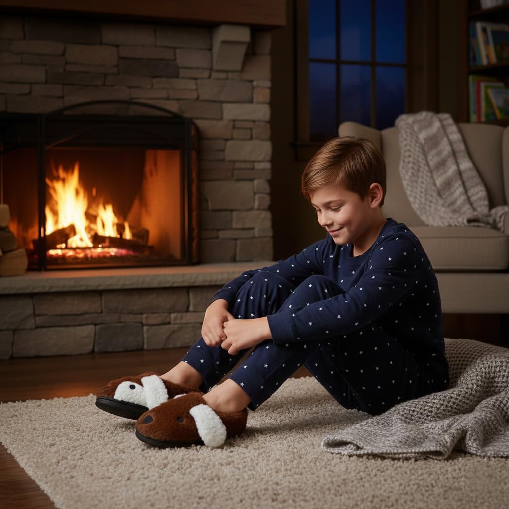 A2Z 4 Kids Lindas pantuflas 3D de animales de felpa suave y cálidas, calzado de interior con suela antideslizante, zapatos de invierno acogedores para niños y niñas, diseño de cachorro marrón, tallas