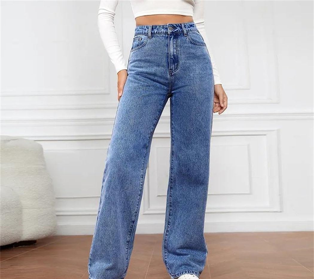 レディース ハイウエスト ストレッチ ウォッシュド デニムパンツ ストレート カジュアル ファッション ジーンズ オフィス ワーク