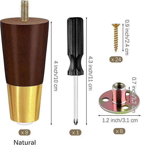 Miniatura 2 de TURSTIN 8 patas de madera para muebles con tapas doradas, patas de sofá de 6 pulgadas, patas de repuesto redondas de madera maciza, patas de sofá