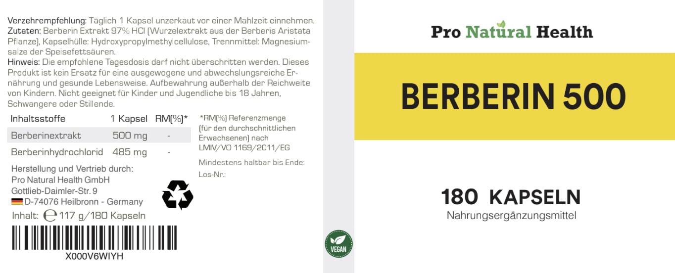 Berberin 500 mg (180 Kapseln) - Made in Germany - vegan - hochdosiert 97% Berberin HCl - natürliches Nahrungsergänzungsmittel Berberin Pulver Wurzelextrakt aus der Berberis Aristata Pflanze