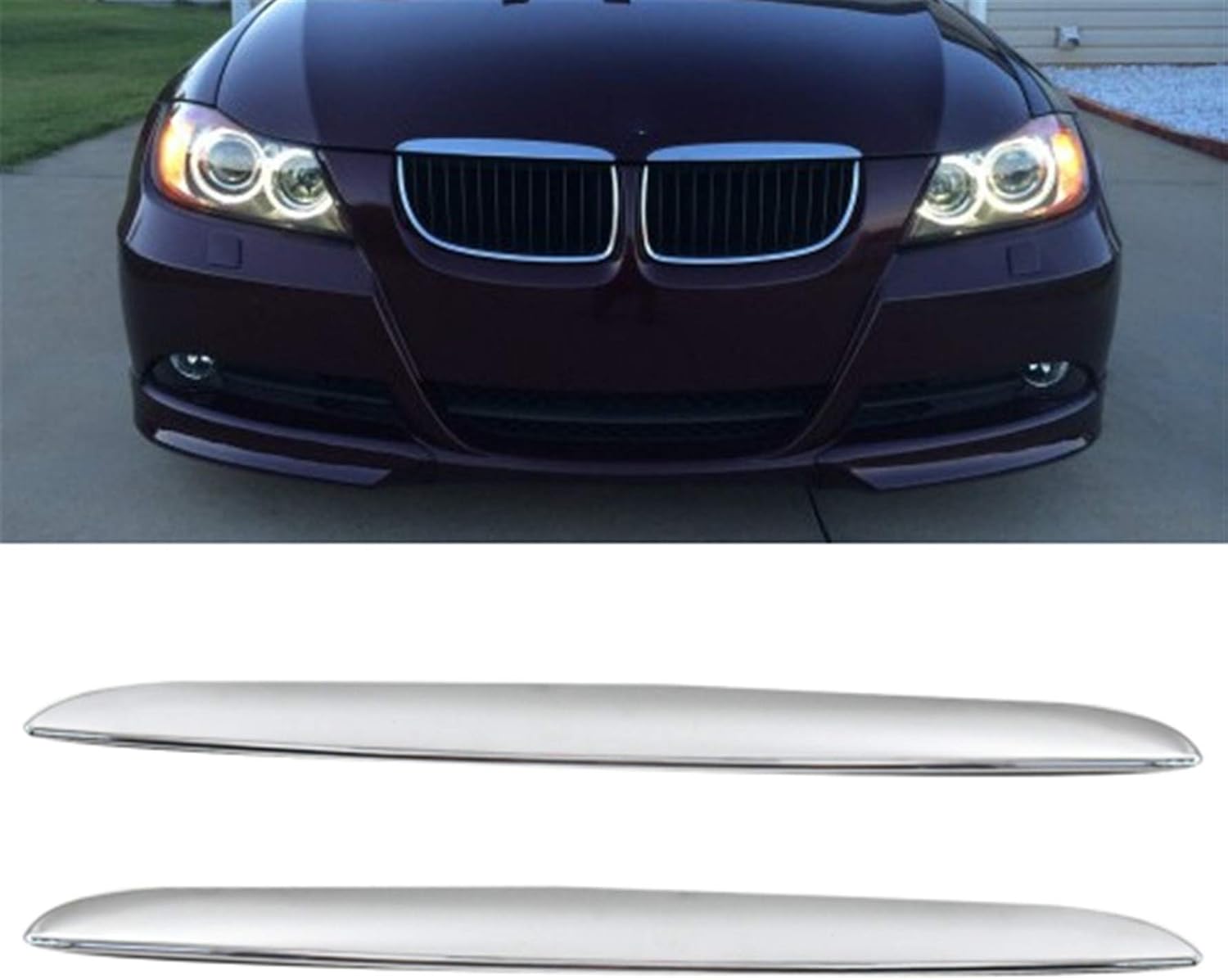 2-pieces Chrome Plated Left and Right Hood Trims Above Kidney Grille Replacement for E90 E91 3-Series 325i 330i 328i 2006 2007 2008