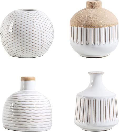 Miniatura 4 de Juego de 4 jarrones pequeños de cerámica minimalista boho para dormitorio, sala de estar, oficina, chimenea, centro de mesa, jarrones blancos