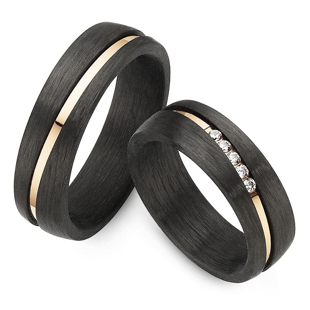123traumringe Eheringe Set in Carbon & Titan I Partnerringe mit 5 Zirkonia & Etui I Gravierbare Verlobungsringe mit Ringgröße 50-72 I Trauringe in 6 mm Breite & 1,9 mm Stärke I S 81