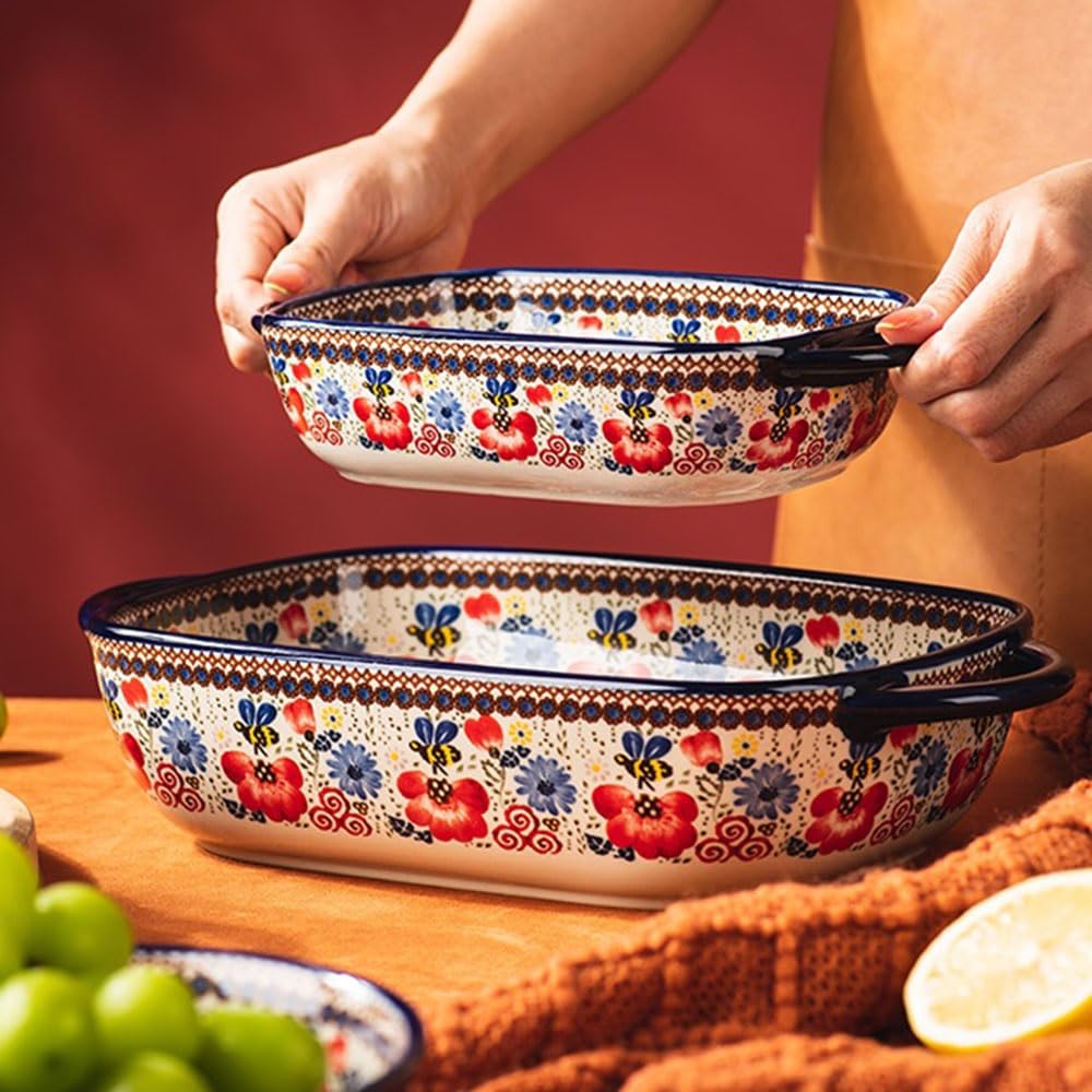 Prostokątny zestaw kolorowych naczyń kuchennych z 2 podwójnymi uchwytami ceramicznymi formami do pieczenia i głębokimi talerzami dekoracyjnymi