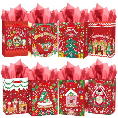 qiqee Christmas Gift Bags Set of 8 - White Bags with Skibobs Design(8PCS with different patterns, Tissue Paper included, Medium Size 4.3"x 7.7"x 9.6")