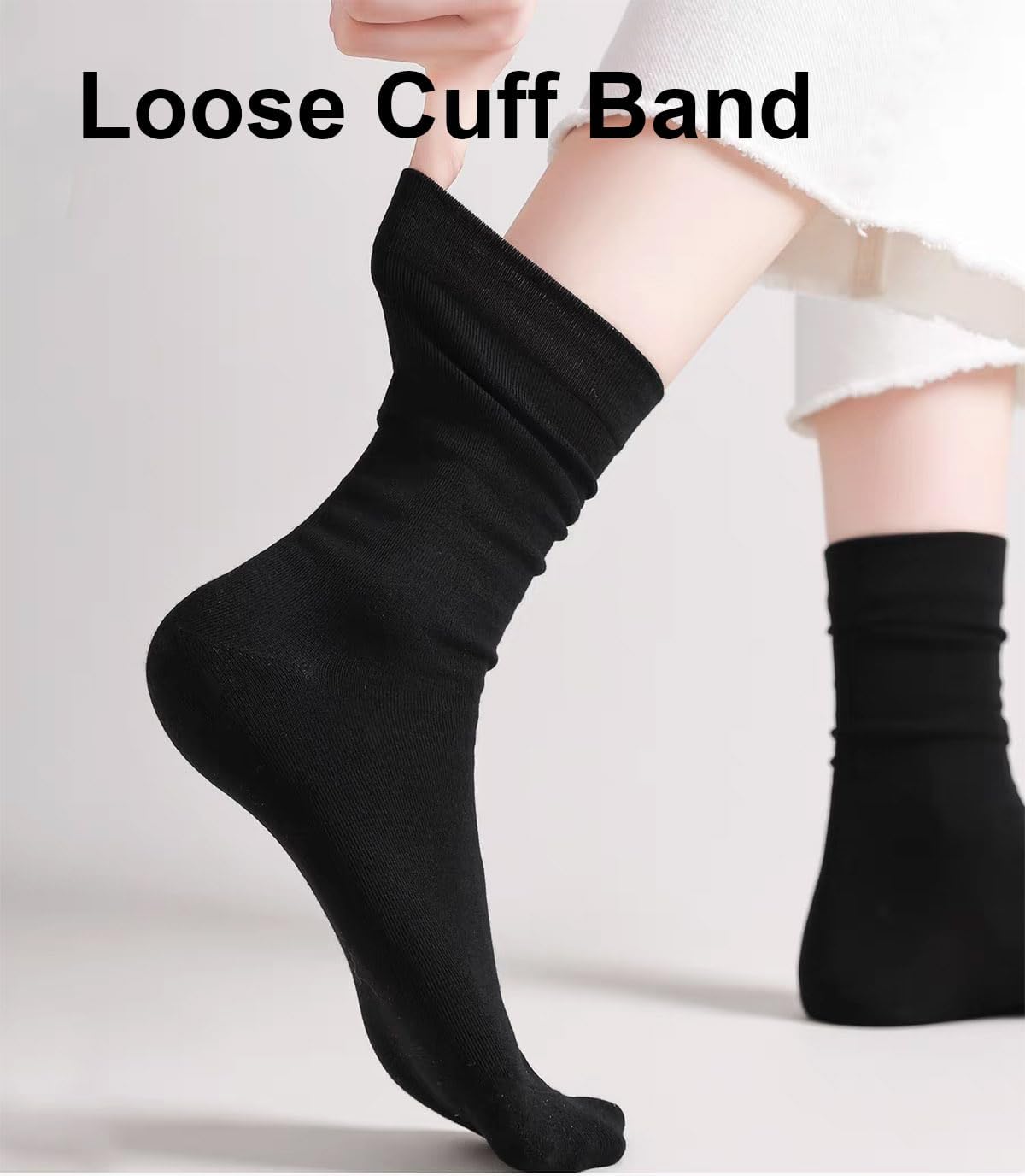 Women's Loose Cuff Cotton Crew Socks Long Seamless Casual Boot Socks Plain Black - Image 3