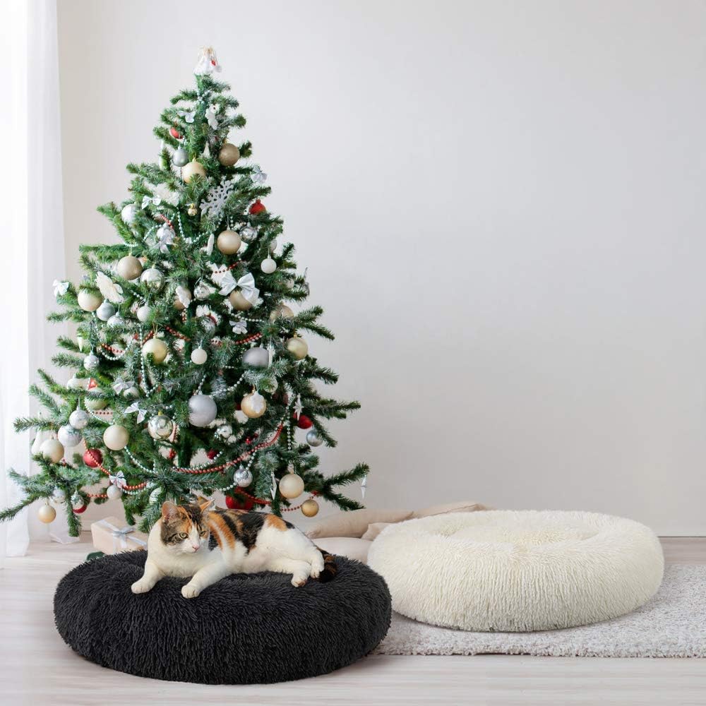 Donut Dog Bed Round Cuddler Cat Bed, Faux Shag Dog Mattress Self-Warming Pet Cushion Machine Washable Circle Plush Dog Bed with Fluffy Bolster and Anti-Slip Base for Puppy, Medium Small Dog and Cat