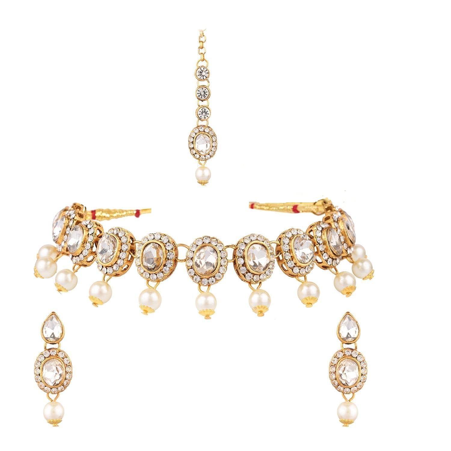 Crystal Indian Jewelry Choker Kundan Crystal Faux Pearl Necklace Earrings Maang Tikka Head Chain Bollywood Wedding Bridal Set for Women