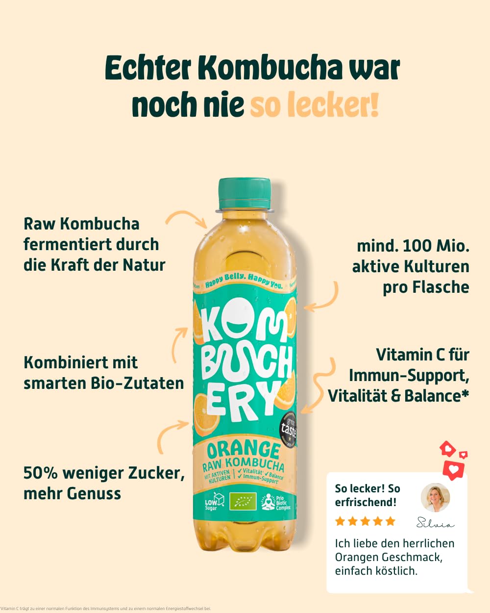 KOMBUCHERY® Orange Raw Kombucha BIO | 12 x 400ml | Fermentierter Tee mit aktiven Darm-Kulturen | Zuckerarm & Kalorienarm | Unpasteurisiert, PrioBiotic, Vegan, Testsieger | inkl. 3€ PFAND