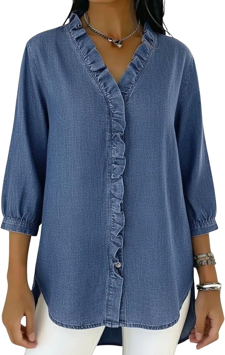 chouyatou Women's 2026 Ruffle Button Down Denim Shirt Casual V Neck 3/4 Sleeve Jean Tunic Blouse Tops