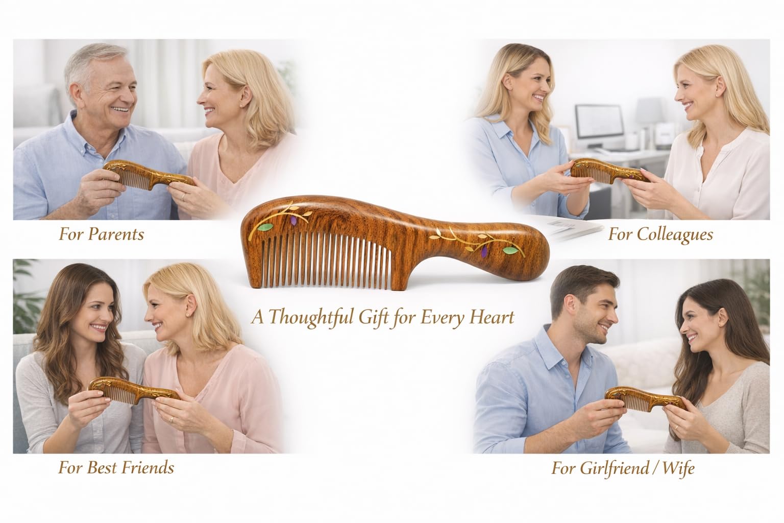 Peine de madera de sándalo, hecho a mano, peine de madera de sándalo, antiestático, peine de pelo de dientes finos para mujeres, peine para barba, buen regalo (Forever Young)