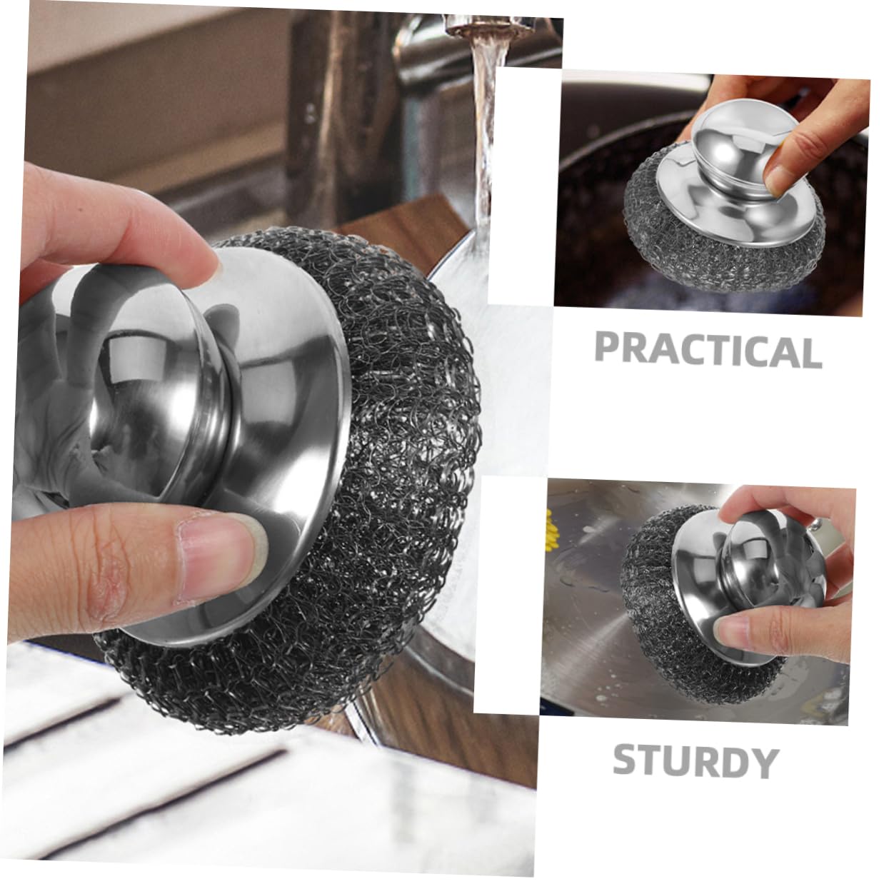 HOLIDYOYO 2pcs Pan Steel Scrubber Pot Cleaning Ball Brush Handle Dishwashing Brush for Kitchen