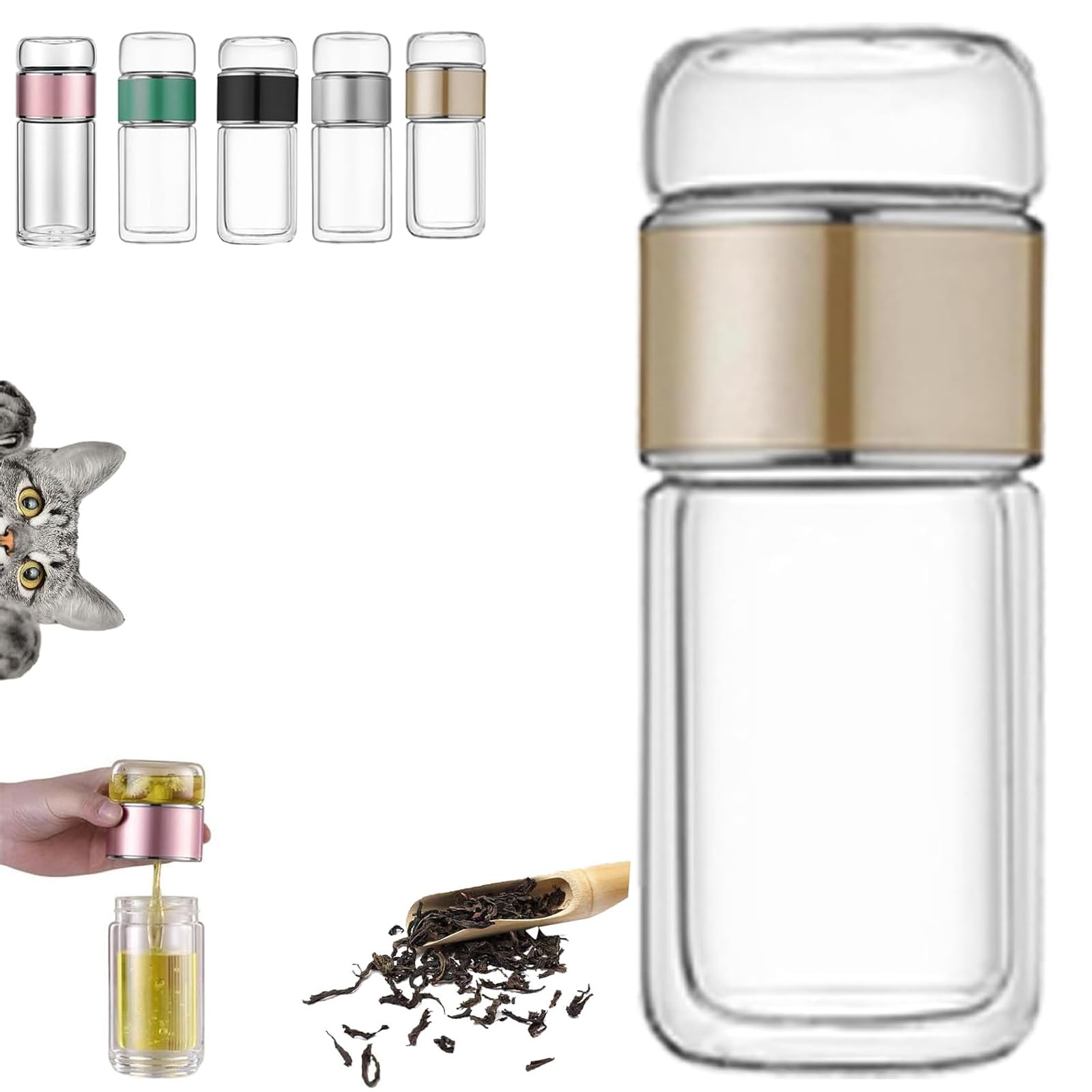 Glass Infuser, Double Layered Glass Tea Separation Cup, 3-in-1 Smart Tea Infuser, Portable Loose Leaf Tea Maker for Home, Office, or Travel Use (Gold, 350ml)