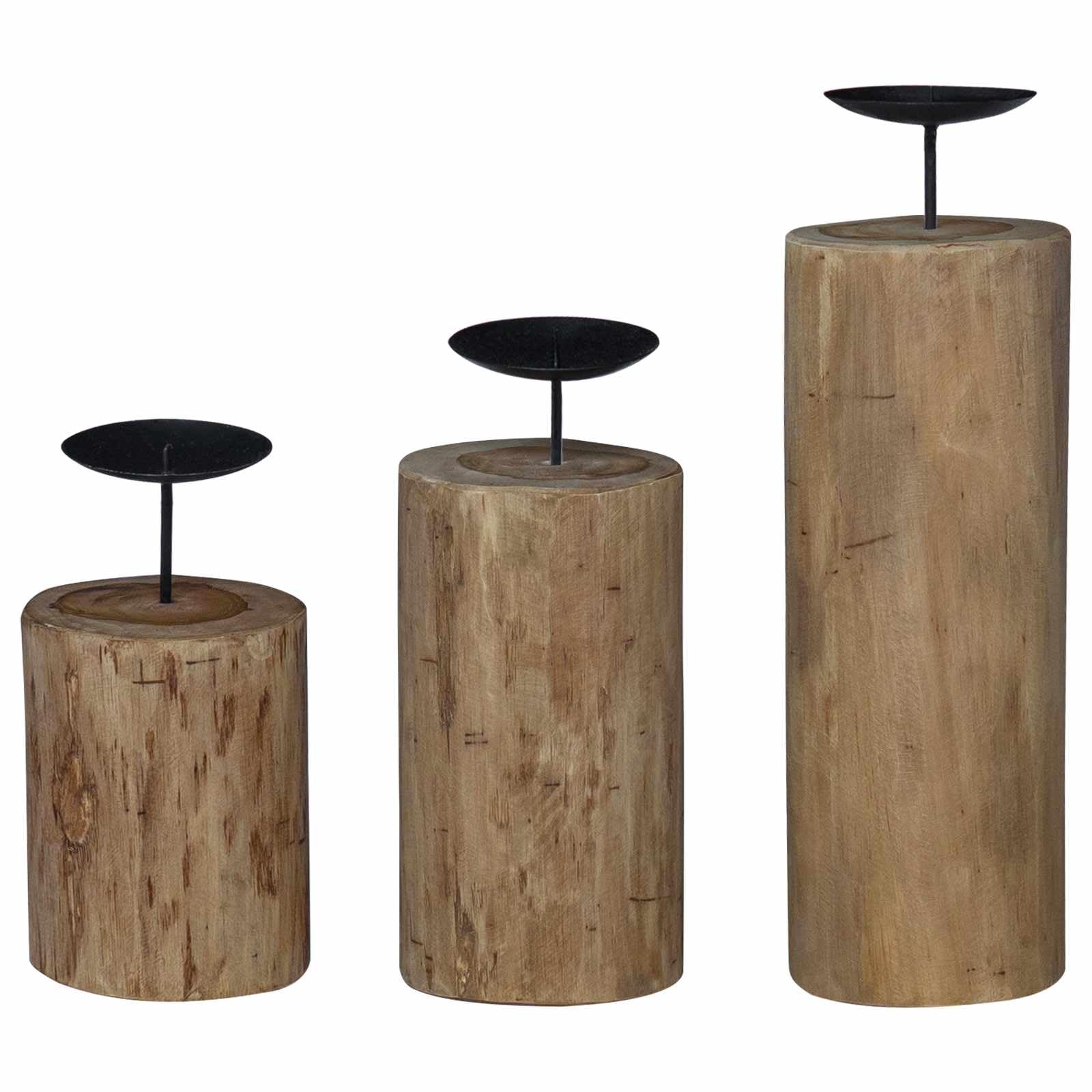 Kerzenhalter Set aus massivem Teakholz Natur, 3 Stück für Stabkerzen und Säulenkerzen, mit Maßen 12x12x29 12x12x20 12x12x15 cm, für Tischdeko im Wohnzimmer