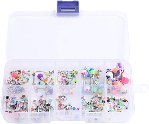 NUOBESTY 100 piercings de acrílico para el cuerpo, joyería para lengua, pezón, anillos para labios, anillos para nariz, tabique, cejas, ombligo,