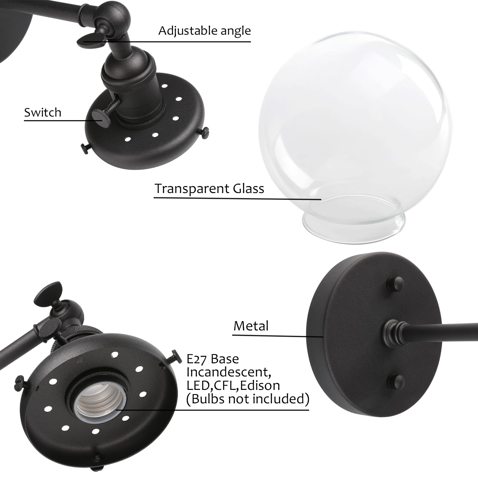 Applique Murale Industrielle Vintage PathsOn - Abat-jour Globe Nervuré 15 Cm - Noir - Ampoule E26 Non Incluse