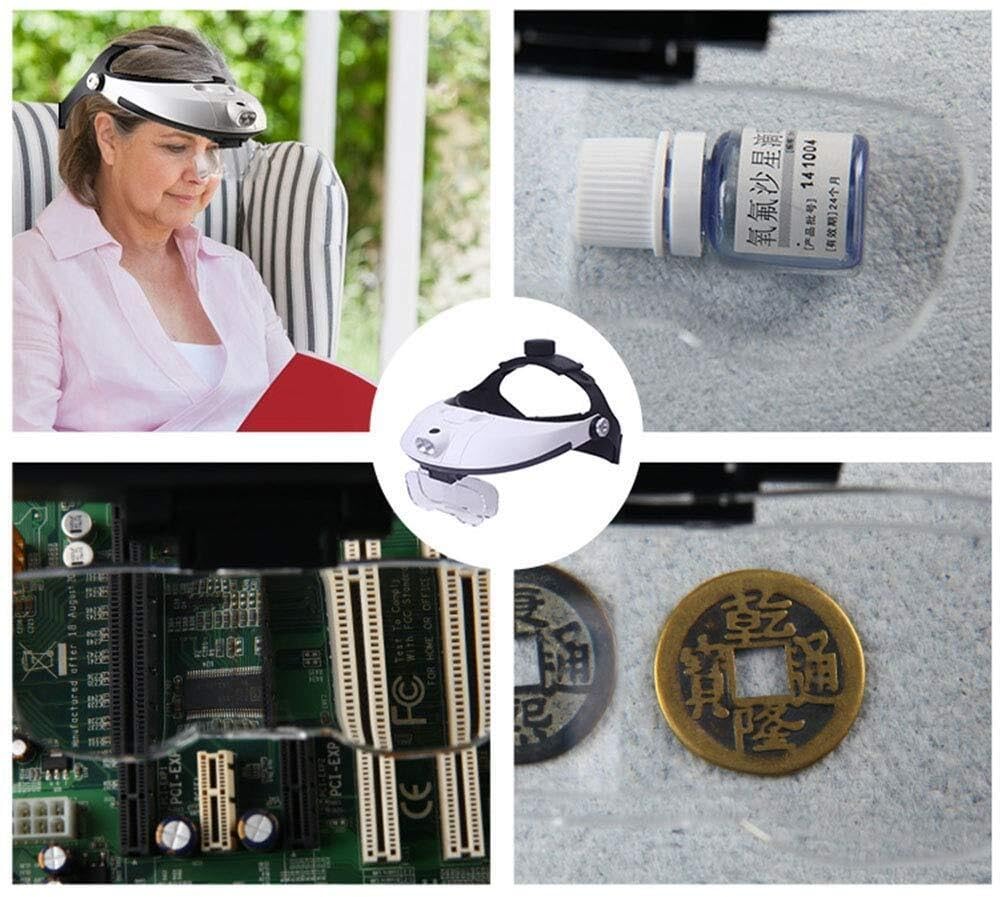 Kopfbandlupe mit 2 LED-Leuchten, 5 austauschbaren Linsen (1x–3,5X), am Kopf befestigte Lupe für Schmuck-, Uhrenreparatur und Lesen