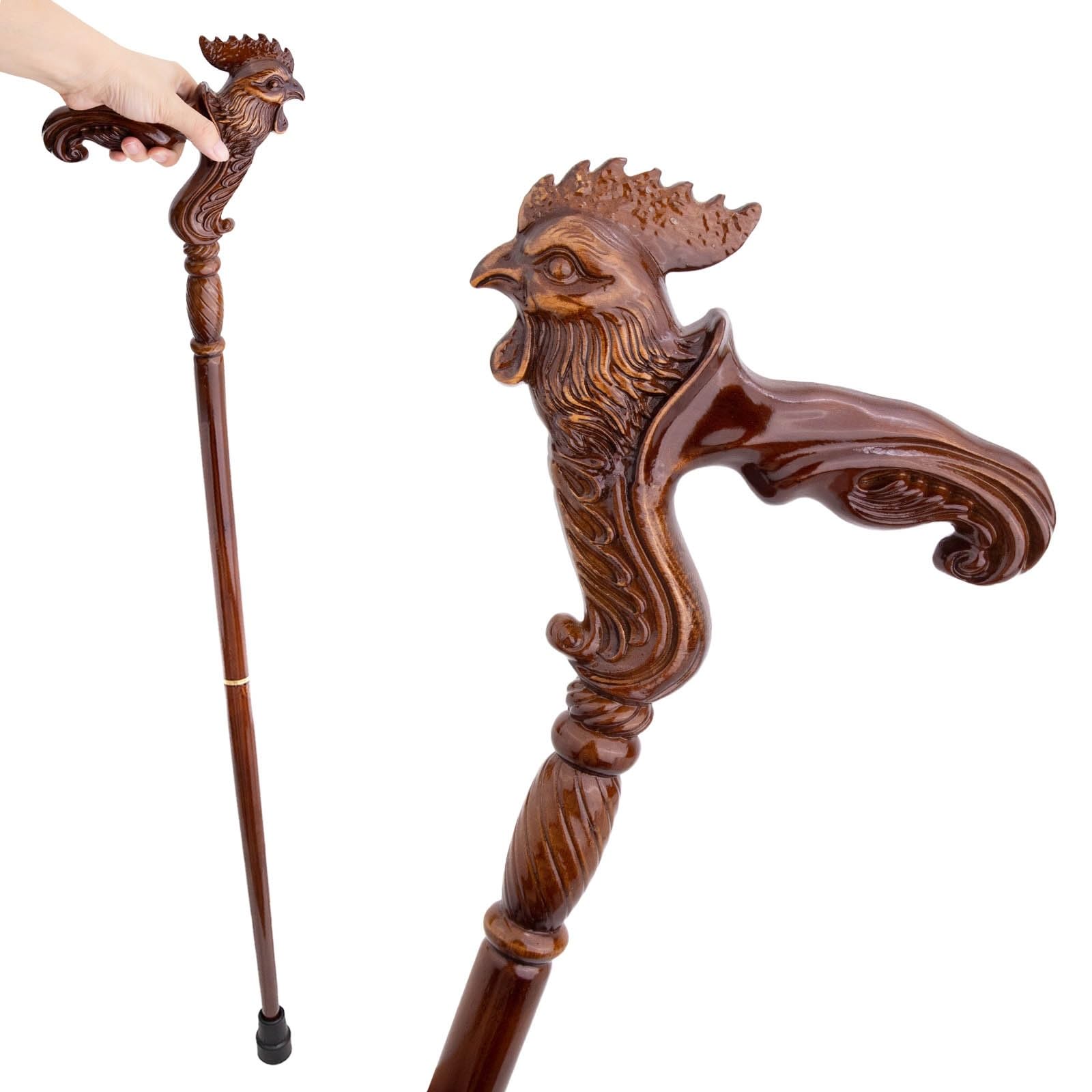 Handgeschnitzter Gehstock in Hahnenform Aus Holz Mit Ergonomischem Griff und Gummispitze für Damen und Herren – Modischer, Exklusiver Gehstock für Senioren – 96,5 cm