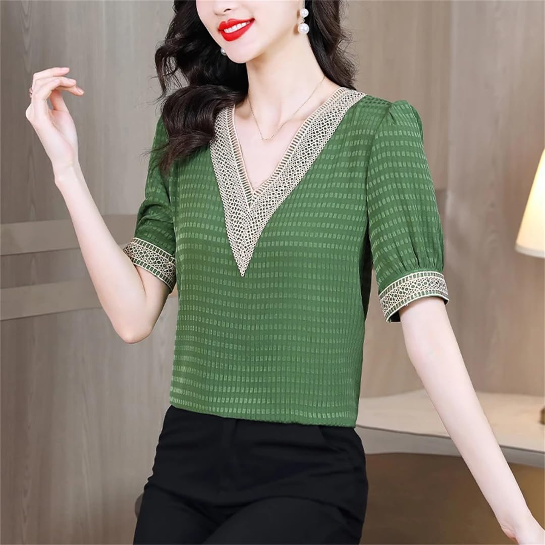 Camicetta da donna in raso a maniche corte con scollo a V in pizzo primaverile camicetta casual