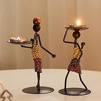 Vista 1 de Figura de dama africana, portavelas de candelita, vela de mesa, soportes de velas de hierro retro para decoración (2 unidades)