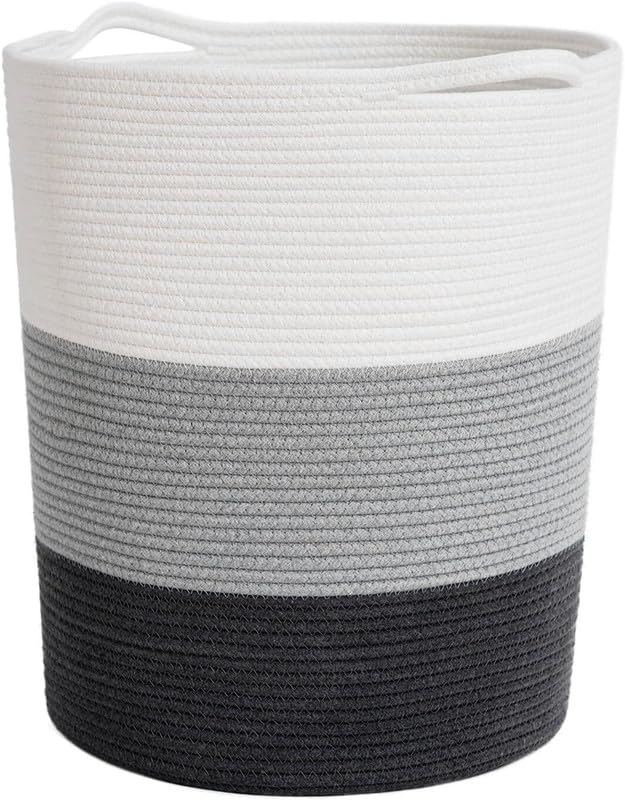 Image of Large Basket Natural Cotton Rope Storage Basket and Hamper for Cloths and Multi Usage in Living Room, Bedroom, Laundry Room (Size - 14 inch x 14 inch x 16 inch) (White Grey Black)