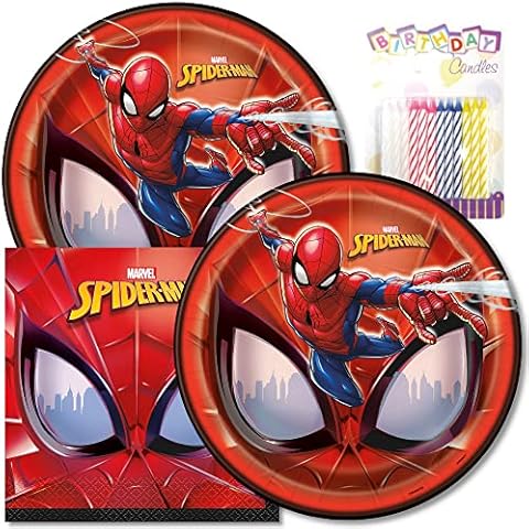 Spiderman Happy Birthday Plates & Napkins Party Supplies - 9" Happy Birthday Party Plates for Lunch Serves 16 - Birthday Paper Plates & Napkin Set Plus 24 Birthday Candles Cover